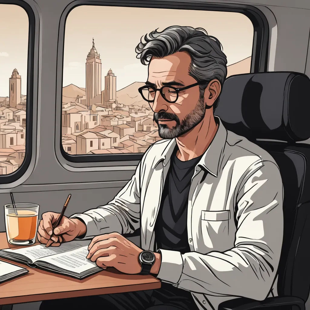 a man sitting at a table with a book and a pen in his hand and a drink in front of him, serial art, a character portrait, Diego Gisbert Llorens, high detail illustration