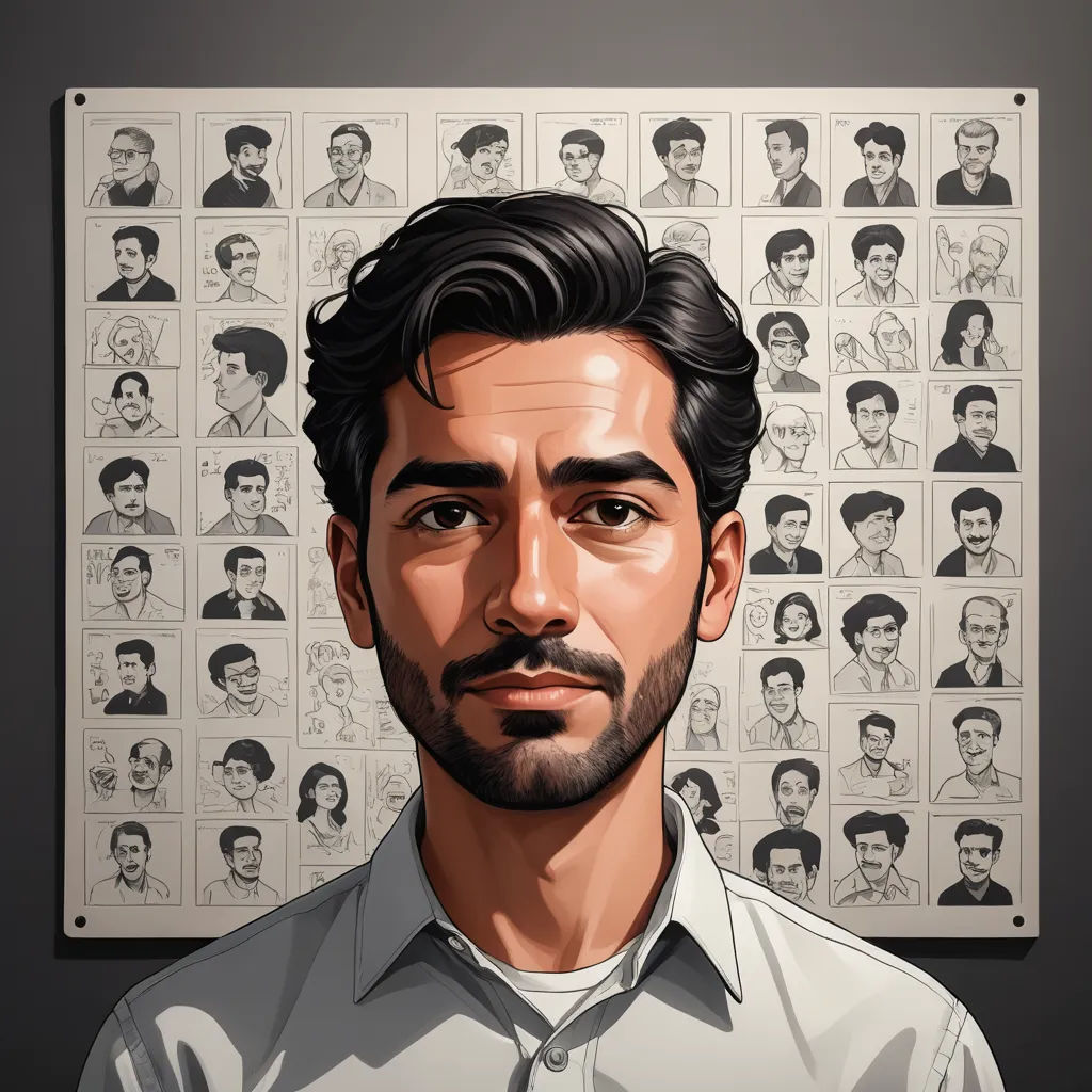 a man with a beard and a beard standing in front of a wall of faces of people with different facial expressions, serial art, a character portrait, Amir Zand, character portrait