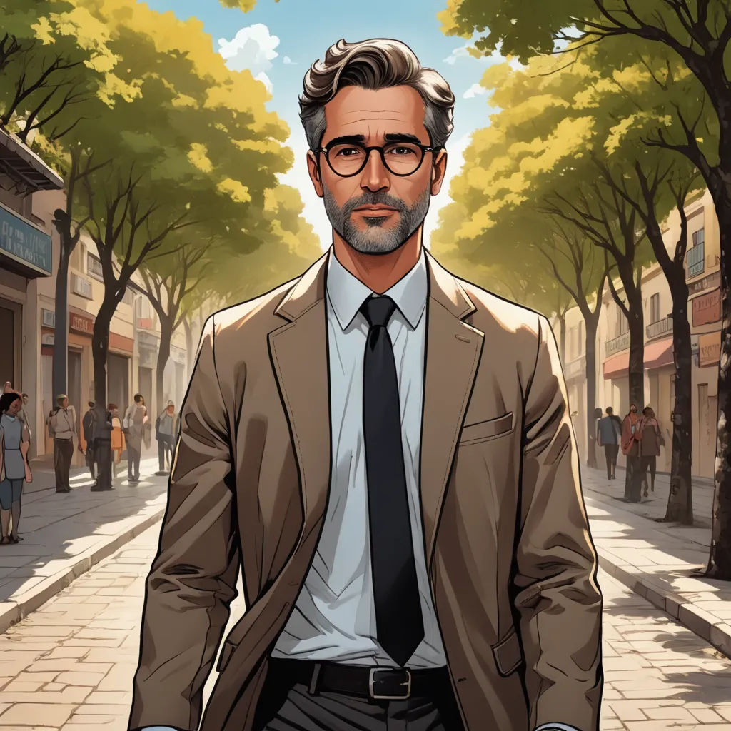 a man in a suit and tie is walking down the street with a cane in his hand and a handbag in his other hand, serial art, a character portrait, Chip Zdarsky, character portrait