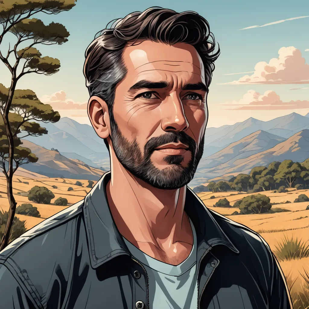 a man with a beard and a beard standing in front of a mountain range with trees and grass in the background, serial art, a character portrait, Diego Gisbert Llorens, character portrait