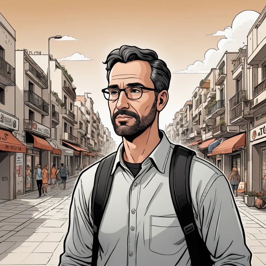 a man with a backpack is standing in the street in front of a building with a sign that says hotel, serial art, a character portrait, Asaf Hanuka, graphic novel