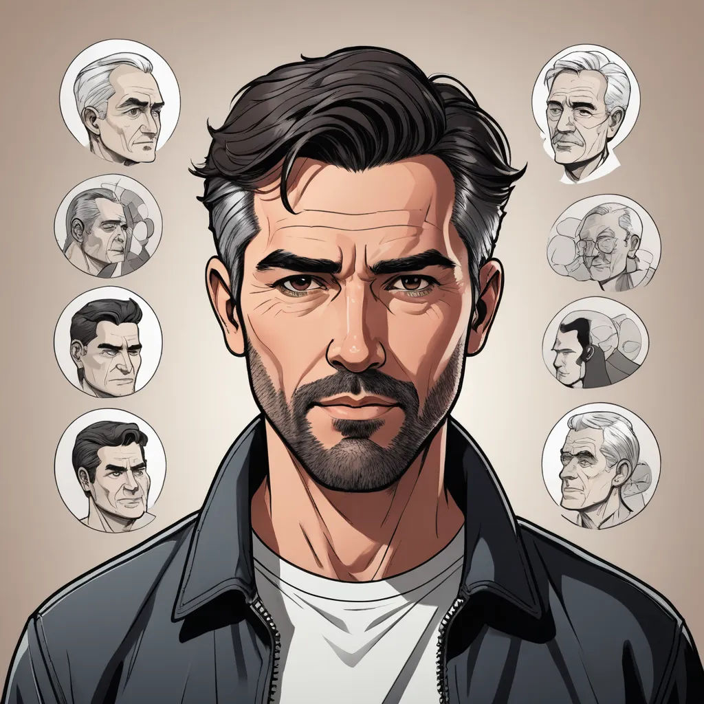 a man with many faces and a beard in a black jacket and white shirt with a beard and many other faces, serial art, a character portrait, Anson Maddocks, character portrait