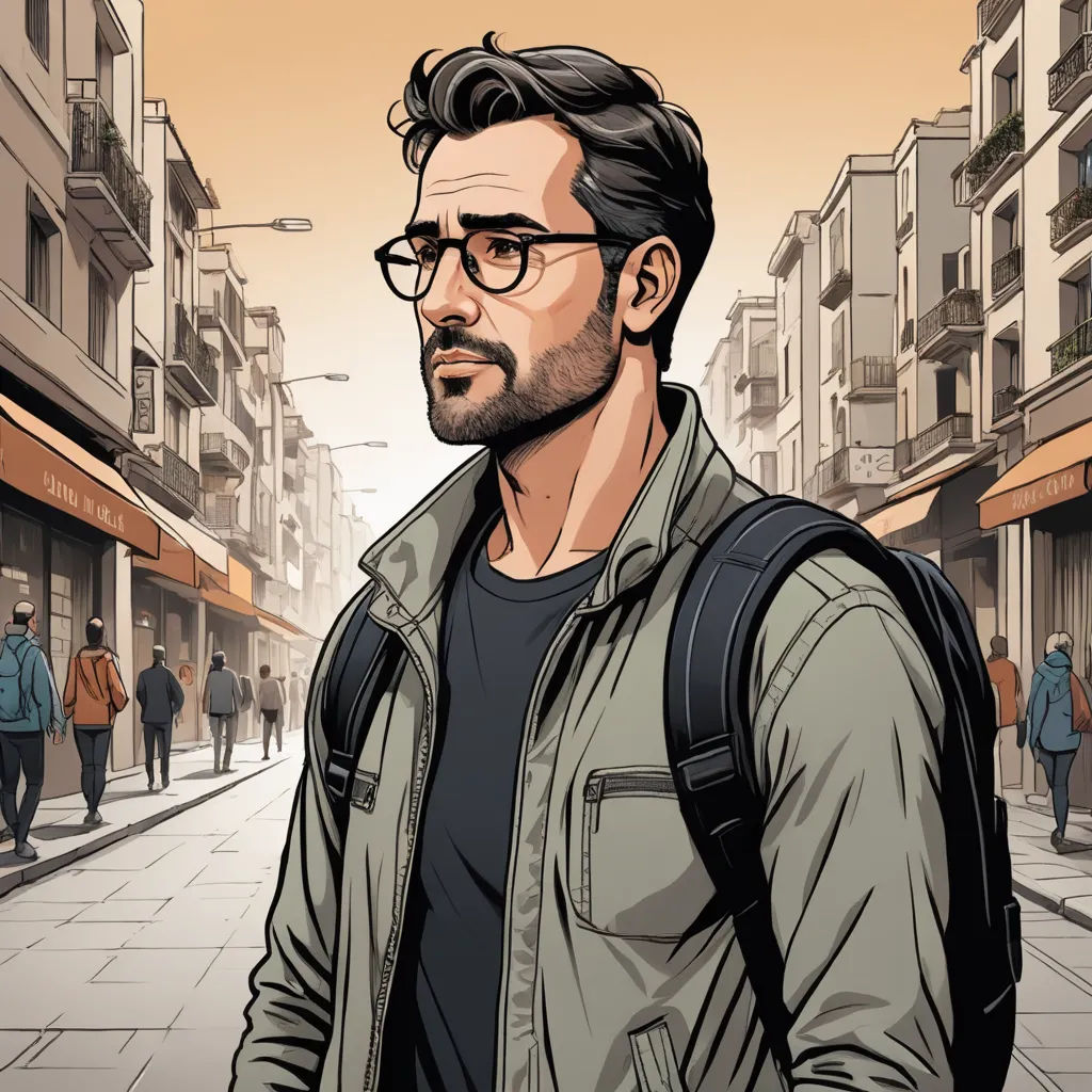 a man with glasses and a backpack on a city street with people walking by him and a building in the background, serial art, a character portrait, Asaf Hanuka, character portrait