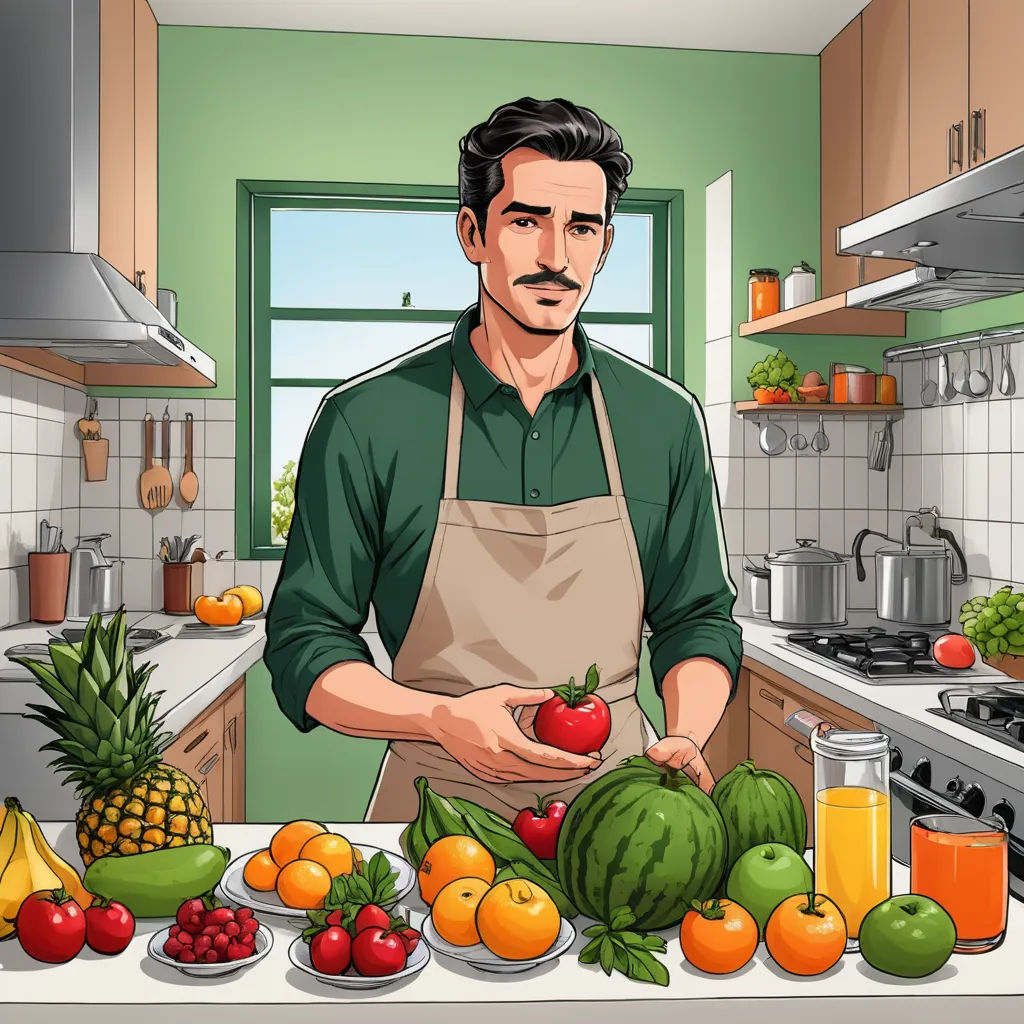 a man in an apron is holding a knife in a kitchen with fruits and vegetables on the counter and a sink, sots art, a character portrait, Altoon Sultan, tom of finland