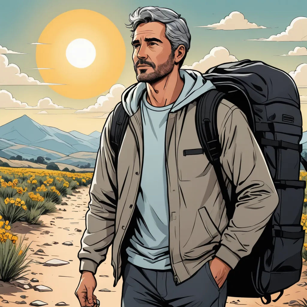 a man with a backpack is walking down a dirt road with a field of flowers in the background and the sun in the sky, serial art, a character portrait, Breyten Breytenbach, character portrait