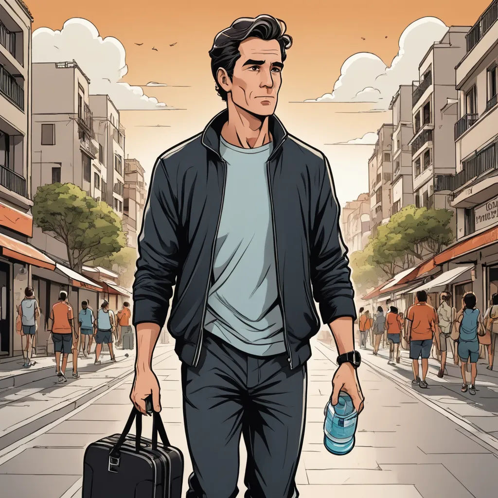 a man walking down a street holding a briefcase and a water bottle in his hand and a bag in his other hand, les automatistes, a character portrait, Asaf Hanuka, graphic novel