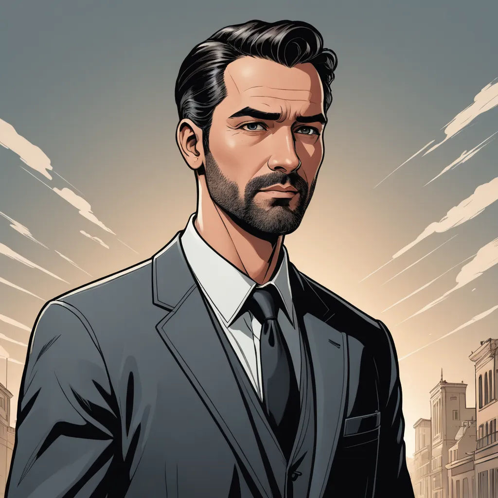 a man in a suit and tie standing in front of a cityscape with clouds in the background, serial art, a character portrait, Edward Otho Cresap Ord, II, character portrait