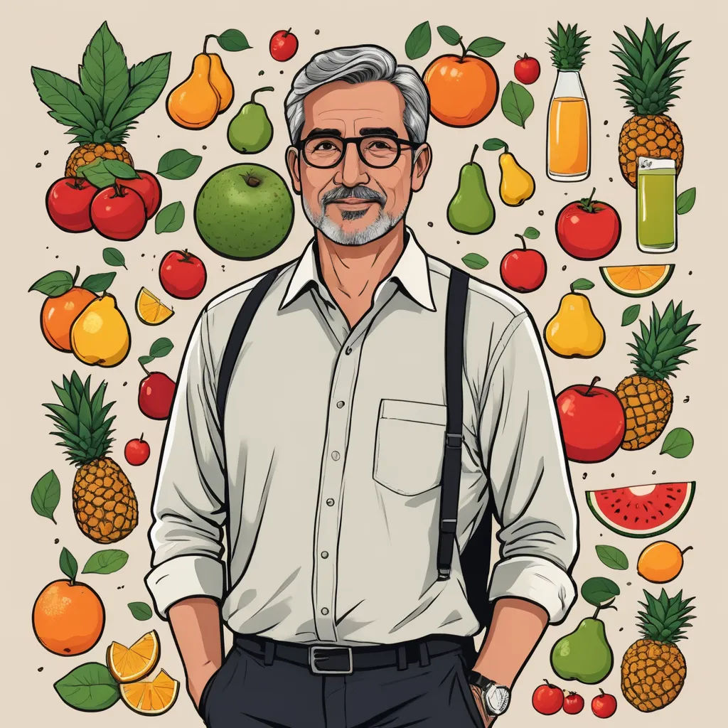 a man with glasses and suspenders standing in front of a bunch of fruit and a bottle of juice, neoplasticism, a character portrait, Daryush Shokof, detailed illustration