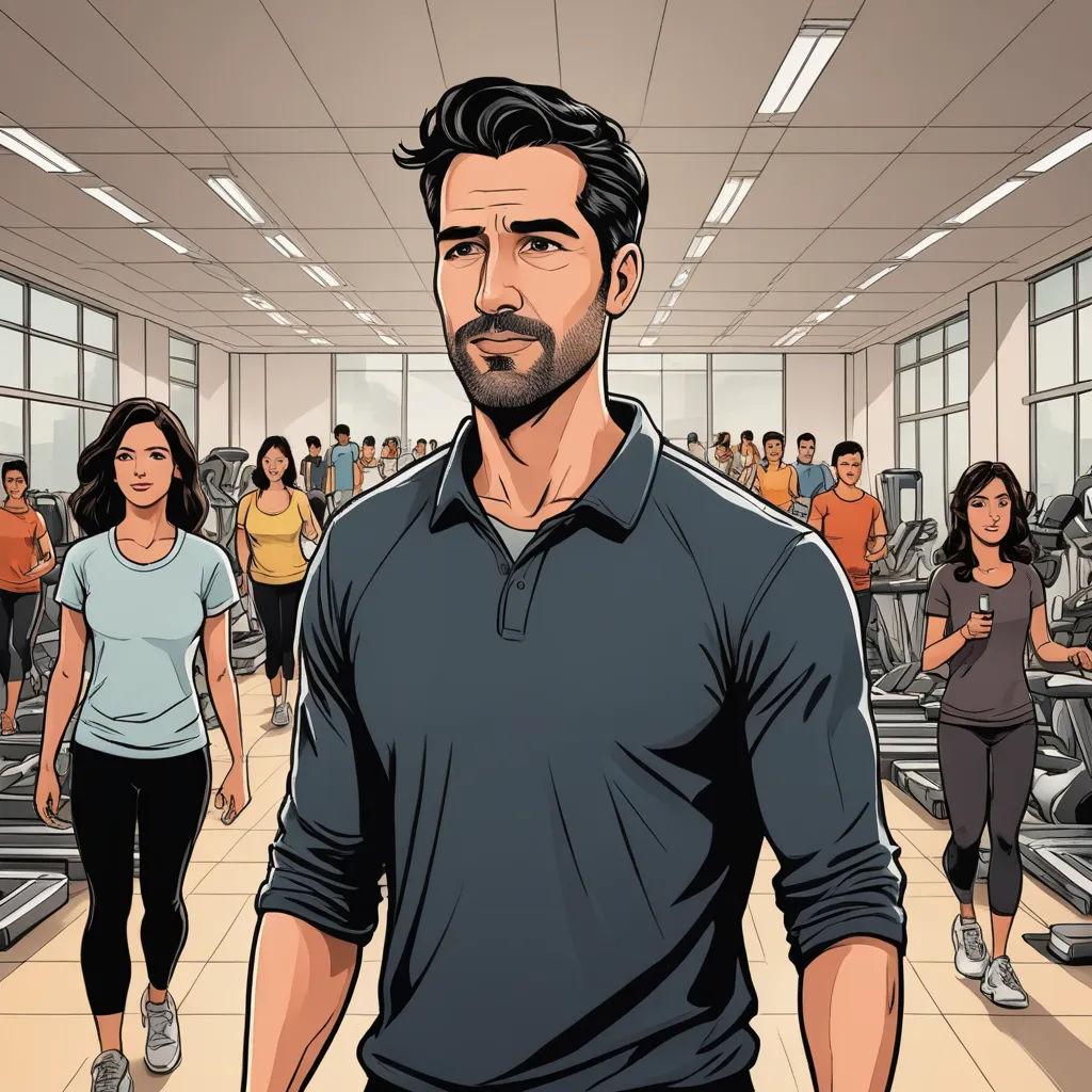 a man in a gym with a group of people behind him, in a line of treadmills, private press, a character portrait, Asaf Hanuka, promotional image