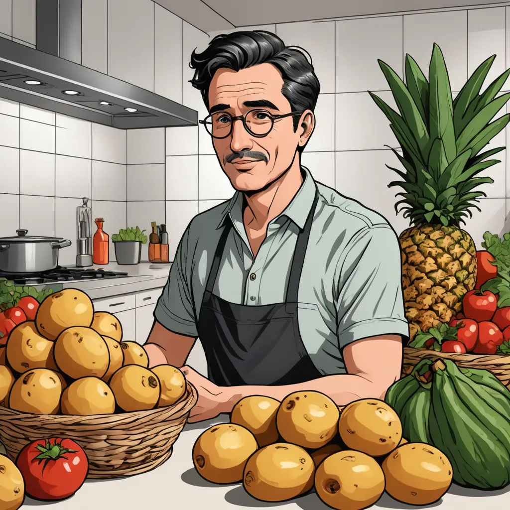 a man standing in front of a table filled with fruit and vegetables, with a pineapple in the background, arbeitsrat für kunst, a character portrait, Adam Manyoki, official art