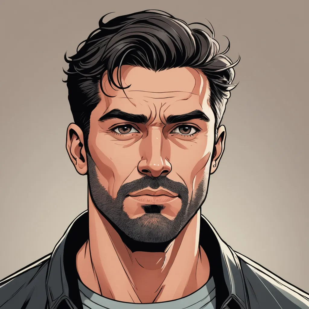 a man with a beard and a beard in a black jacket is looking at the camera with a serious look on his face, serial art, a character portrait, Benjamin Marra, character portrait