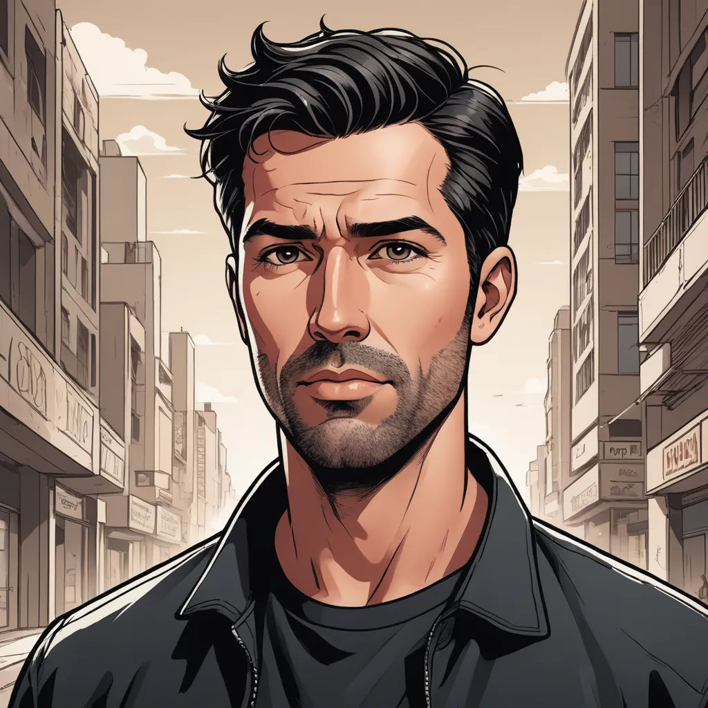 a man in a black shirt standing in front of a cityscape with buildings and a sky background, serial art, a character portrait, Cedric Seaut (Keos Masons), character portrait