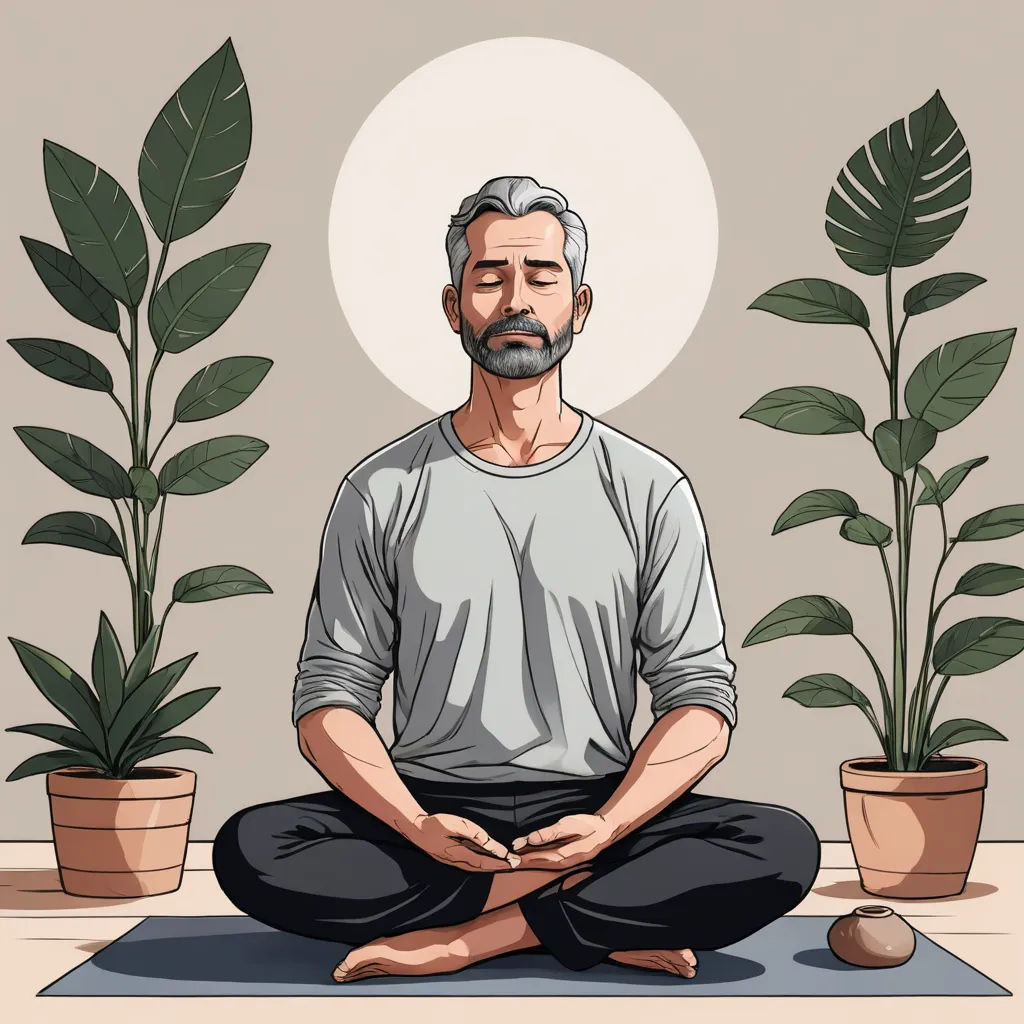 a man sitting in a lotus position in front of a potted plant and a potted plant behind him, neoplasticism, an illustration of, Breyten Breytenbach, tranquil