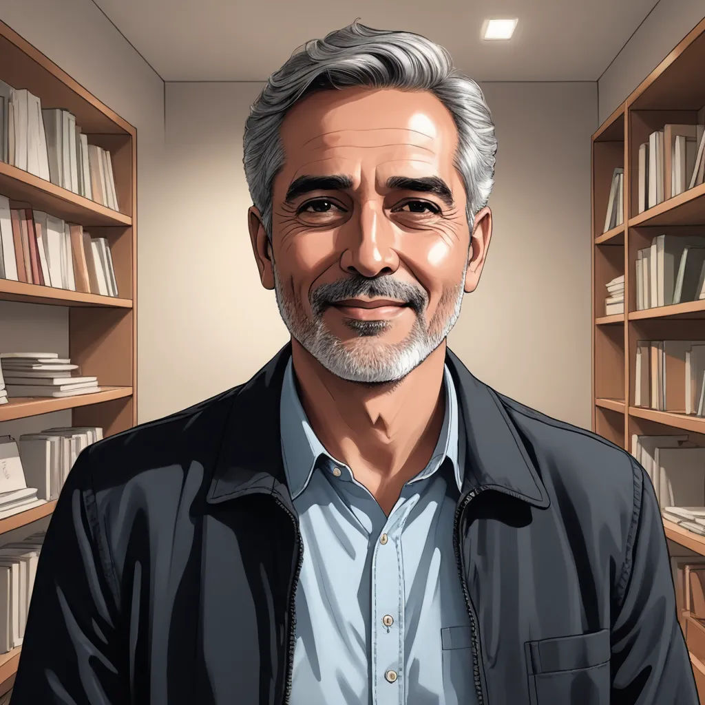 a man with a beard and a beard standing in front of a book shelf filled with books and books, academic art, a character portrait, Diego Gisbert Llorens, character portrait