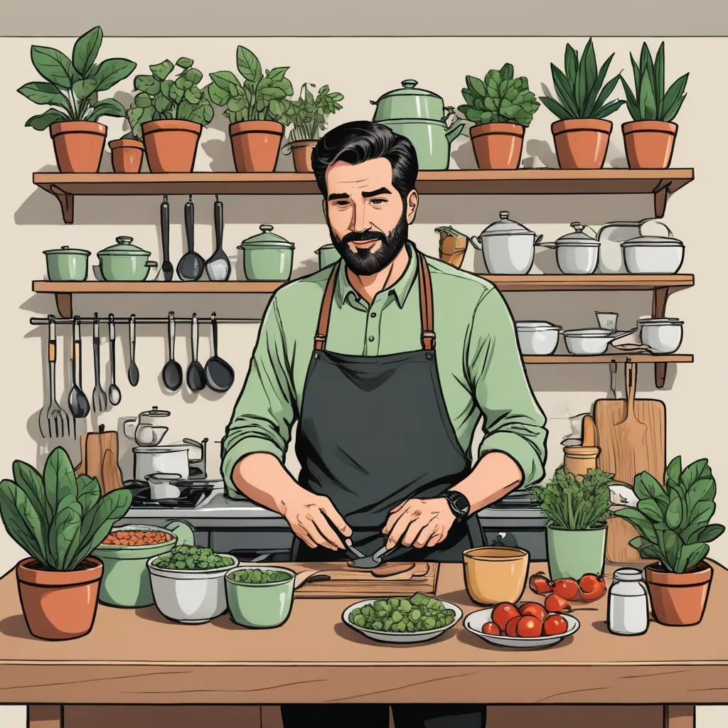 a man in an apron is cutting vegetables on a table with pots and plants behind him and a shelf with pots and pans, les automatistes, a character portrait, Asaf Hanuka, high detail illustration