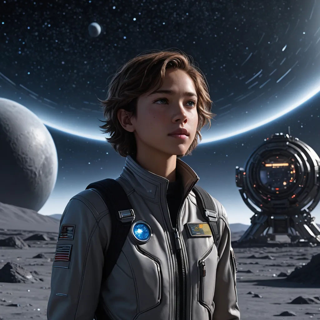 a woman in a space suit standing in front of a space station and planets in the background with a blue light, space art, computer graphics, Eve Ryder, promotional image