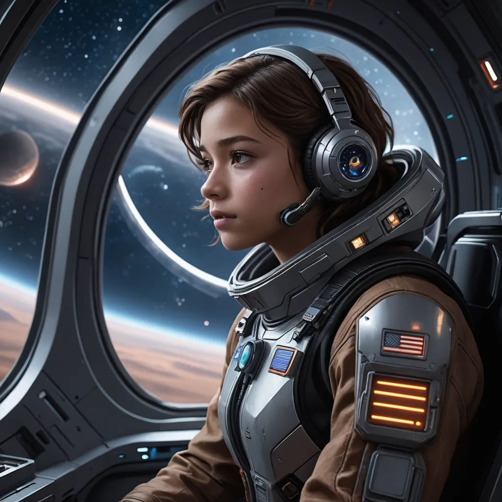 a woman in a space suit sitting in a space station looking out the window of a space station with planets in the background, space art, computer graphics, Eve Ryder, cgstudio