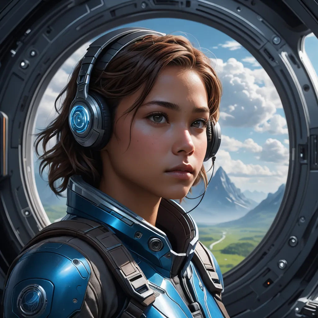 a woman in a space suit with headphones on looking out of a window at a mountain range and a mountain, space art, a character portrait, Eve Ryder, cgstudio