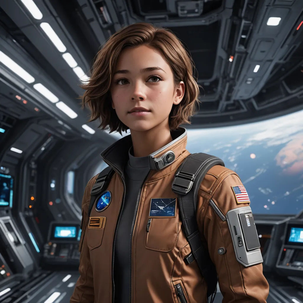 a woman in a brown jacket standing in a space station with a view of the earth in the background, space art, computer graphics, Eve Ryder, cgstudio