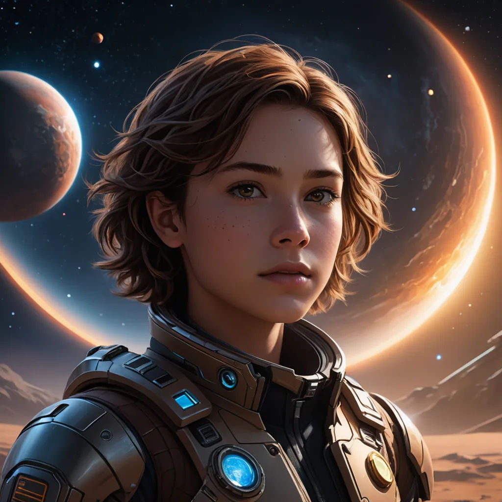 a woman in a space suit standing in front of a moon and planetscape with a star in the background, space art, a character portrait, Eve Ryder, cgstudio