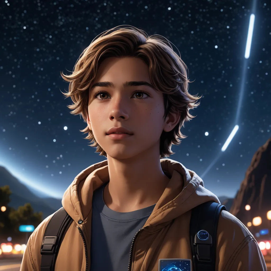 a boy in a brown jacket is looking at the camera and has a phone in his hand and a star in the background, photorealism, a character portrait, Cliff Childs, rossdraws global illumination