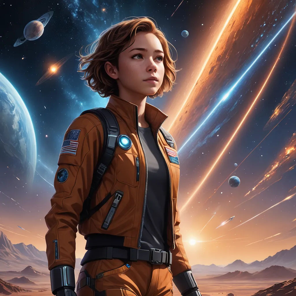a woman in a space suit standing in front of a planet with a sky full of stars and planets, space art, poster art, Eve Ryder, key art
