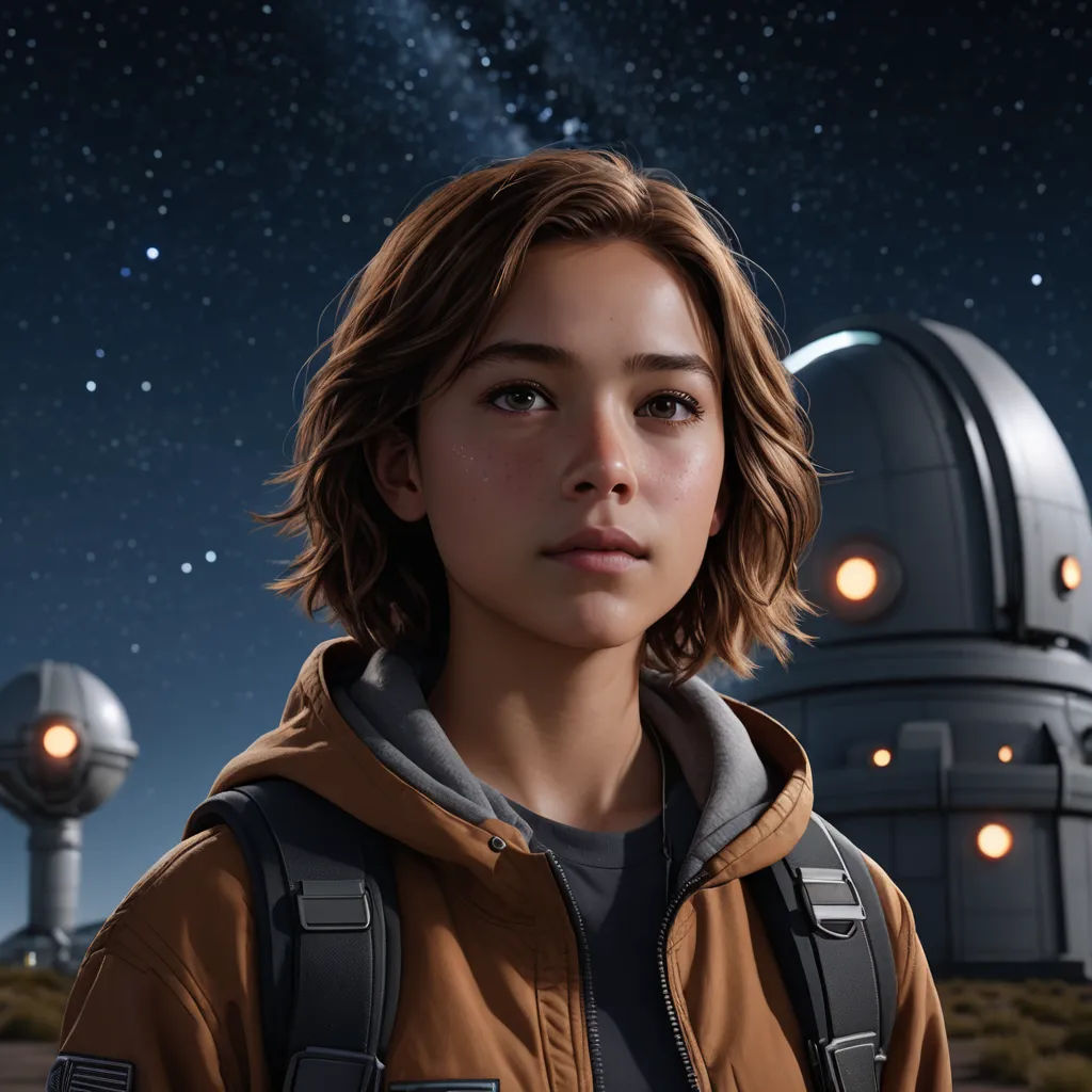 a young boy standing in front of a telescope and a building with a star in the sky behind him, space art, a character portrait, Eve Ryder, promotional image
