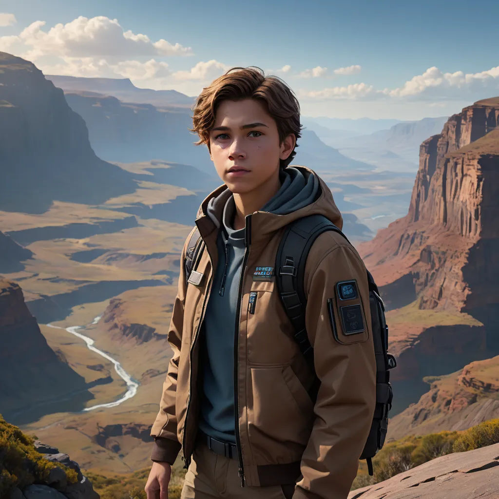 a boy in a brown jacket standing on a cliff overlooking a valley and mountains with a river running through it, photorealism, computer graphics, Cliff Childs, unreal engine highly rendered