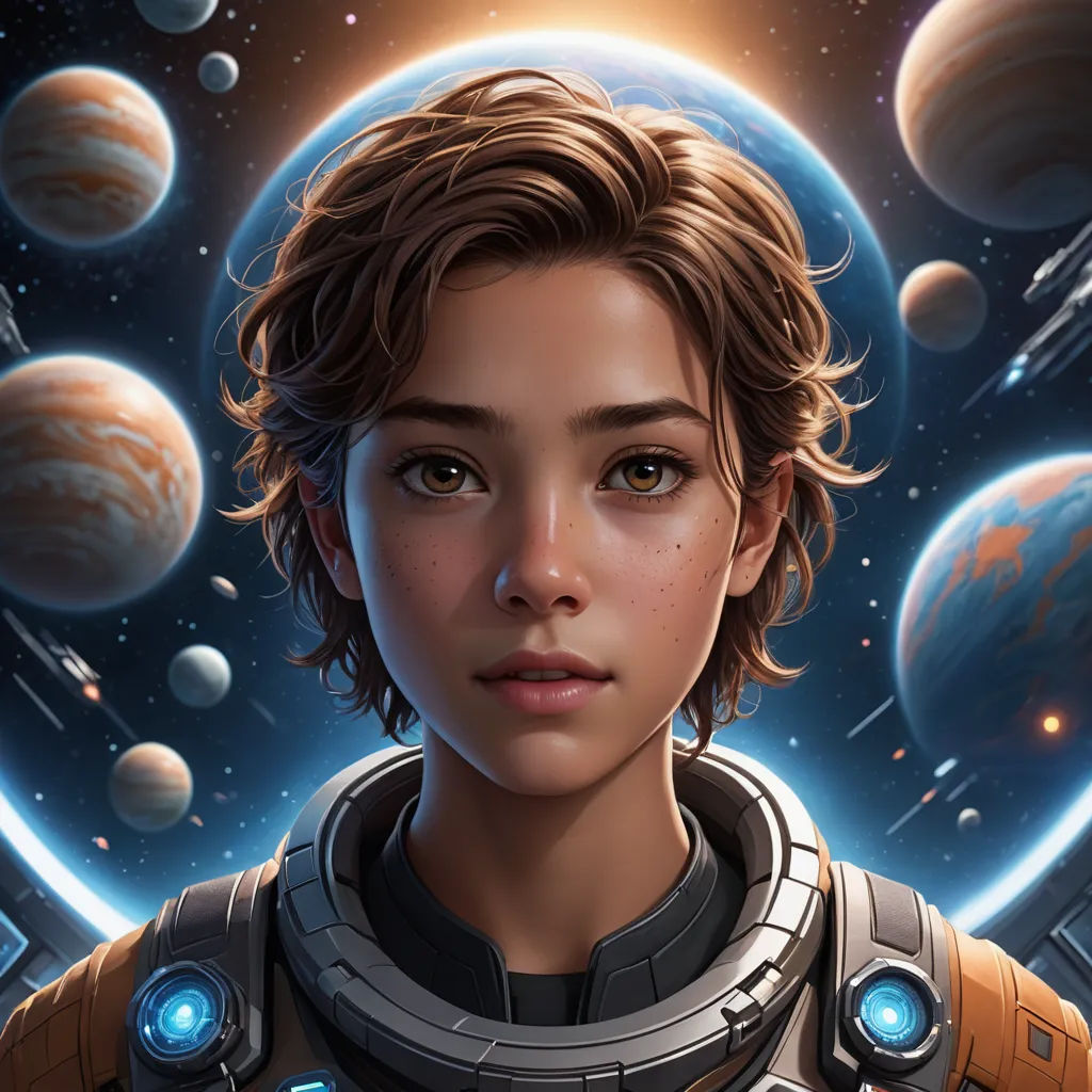 a woman in a space suit with planets in the background and a star wars character in the foreground, space art, a character portrait, Clint Cearley, stanley artgerm lau