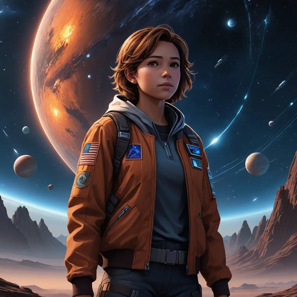 a woman in a space suit standing in front of a planet with a star in the background and a distant sky, space art, a character portrait, Eve Ryder, key art