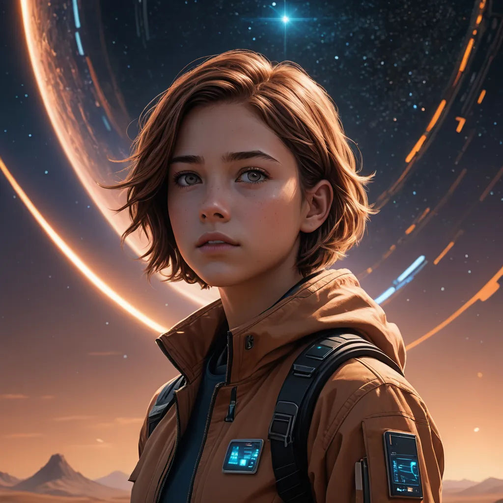 a girl in a brown jacket looking at the camera with a star in the background and a planet in the background, space art, poster art, Chris Moore, cgstudio