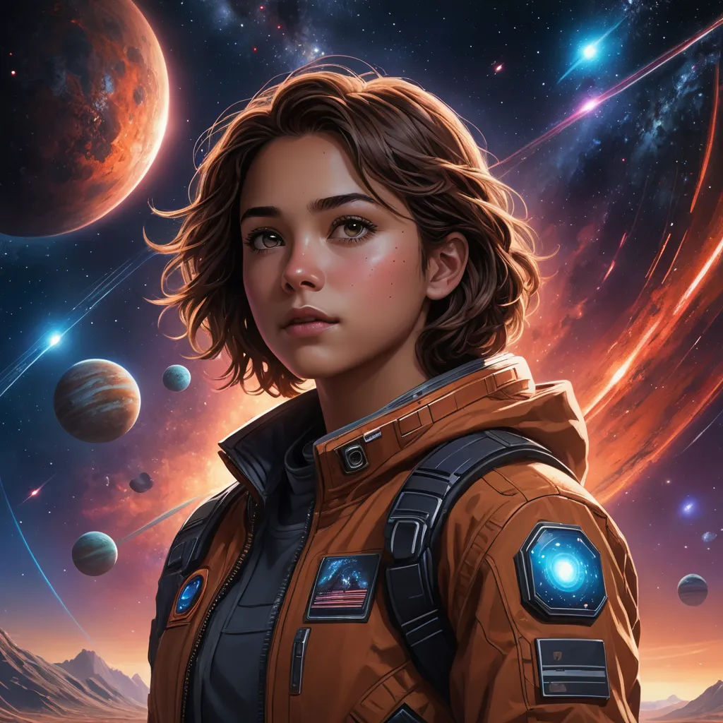 a woman in a space suit standing in front of planets and stars in the background with a red and blue background, space art, a detailed painting, Eve Ryder, stanley artgerm lau