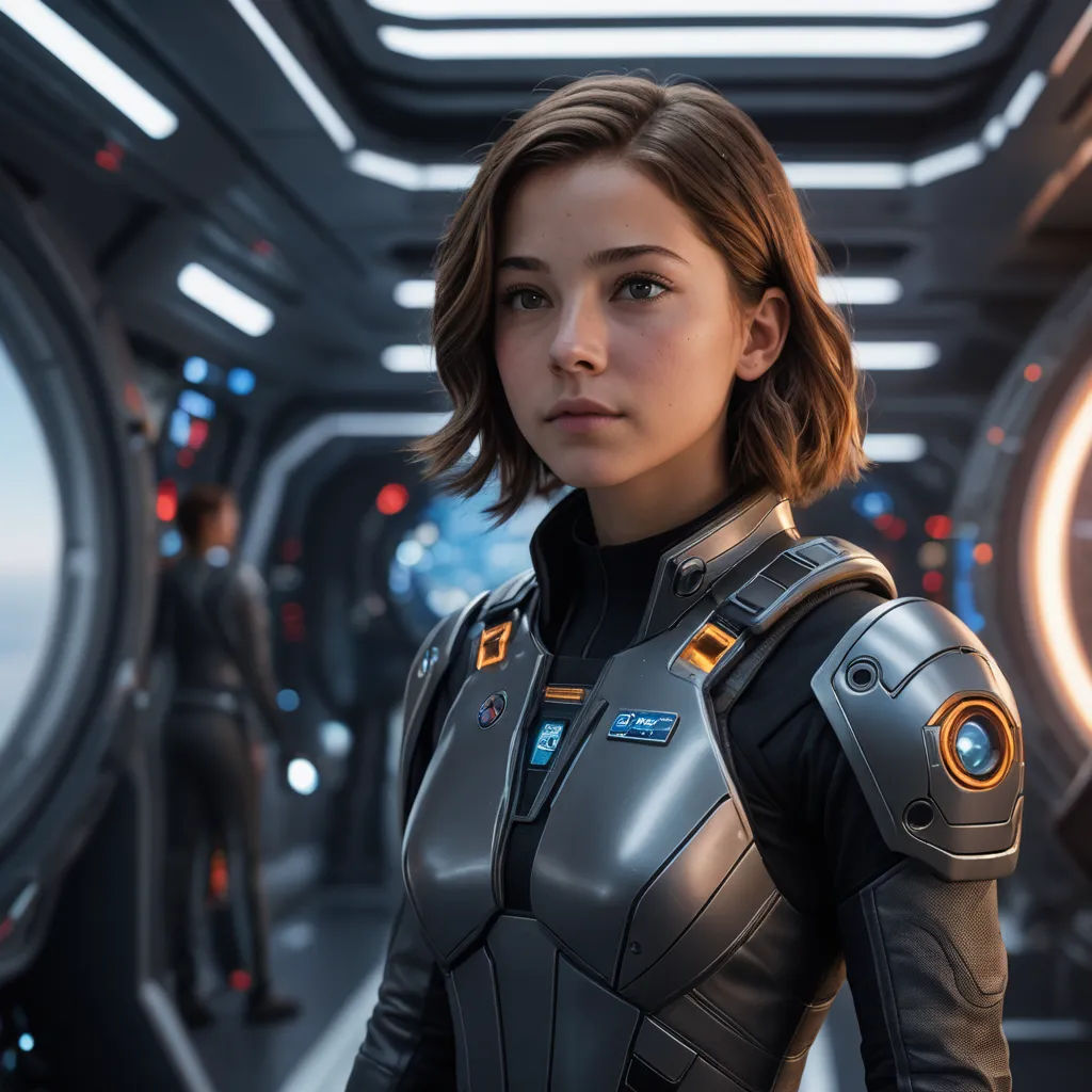 a woman in a sci - fi fi outfit standing in a space station with a man in the background, space art, a character portrait, Eve Ryder, promotional image