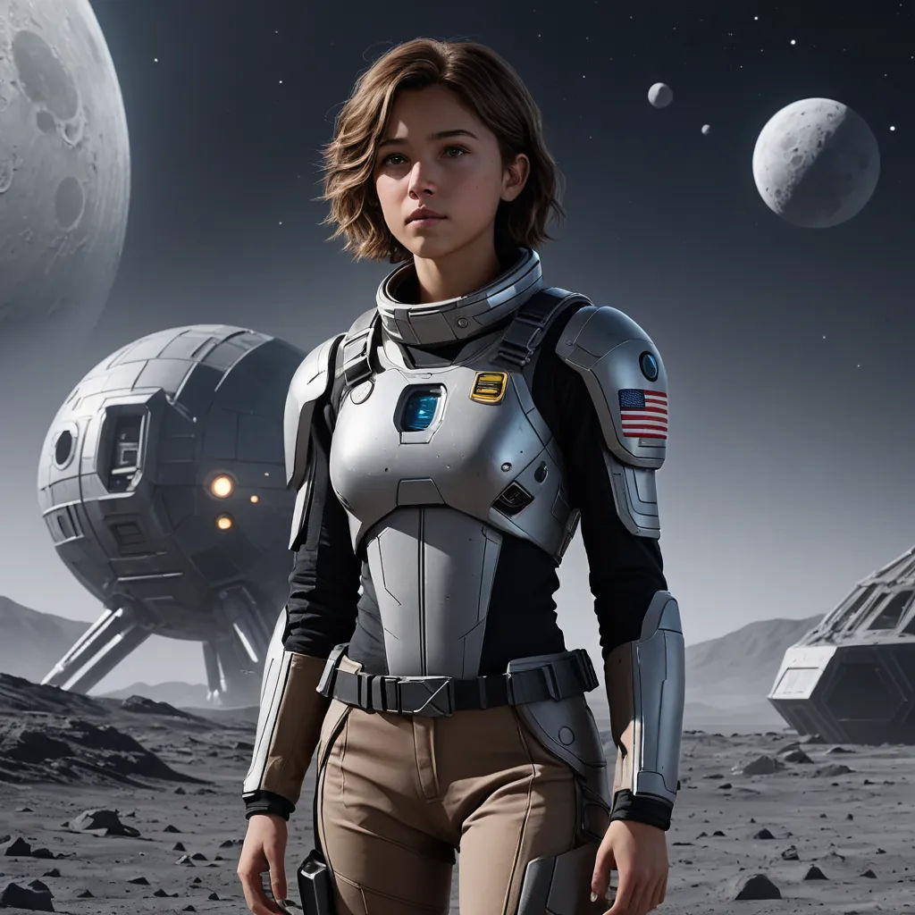 a woman in a space suit standing in front of a space station and a moon in the background with a space shuttle in the background, space art, concept art, Eve Ryder, promotional image