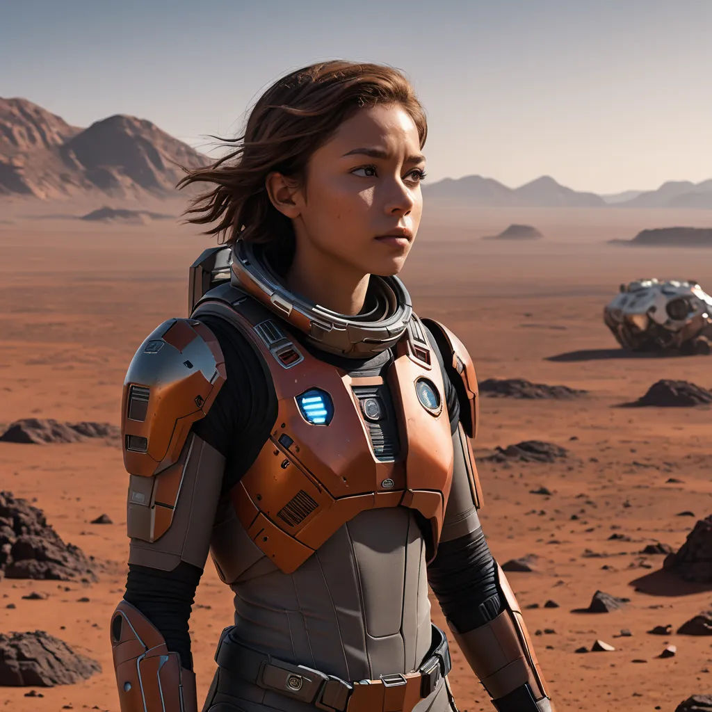 a woman in a space suit standing in the desert with a vehicle in the background and a mountain range in the distance, space art, concept art, Eve Ryder, promotional image