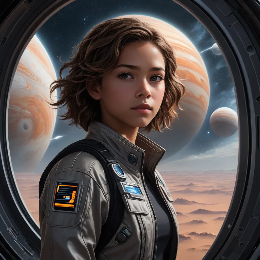 a woman in a space suit standing in front of a window with planets in the background and a sky with clouds, space art, a character portrait, Eve Ryder, key art