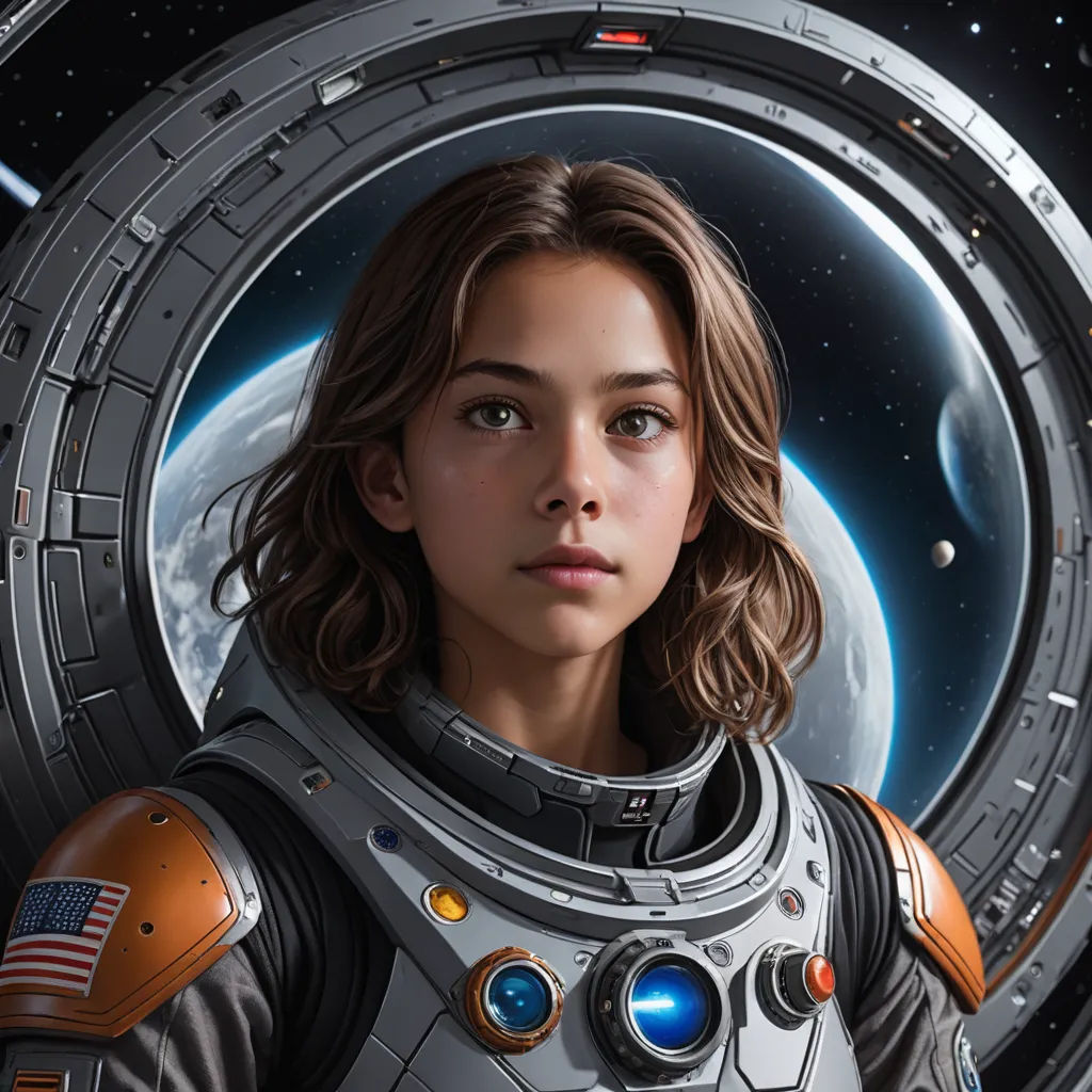 a woman in a space suit standing in front of a window with an american flag on it and a space background, space art, computer graphics, Aleksi Briclot, cgstudio