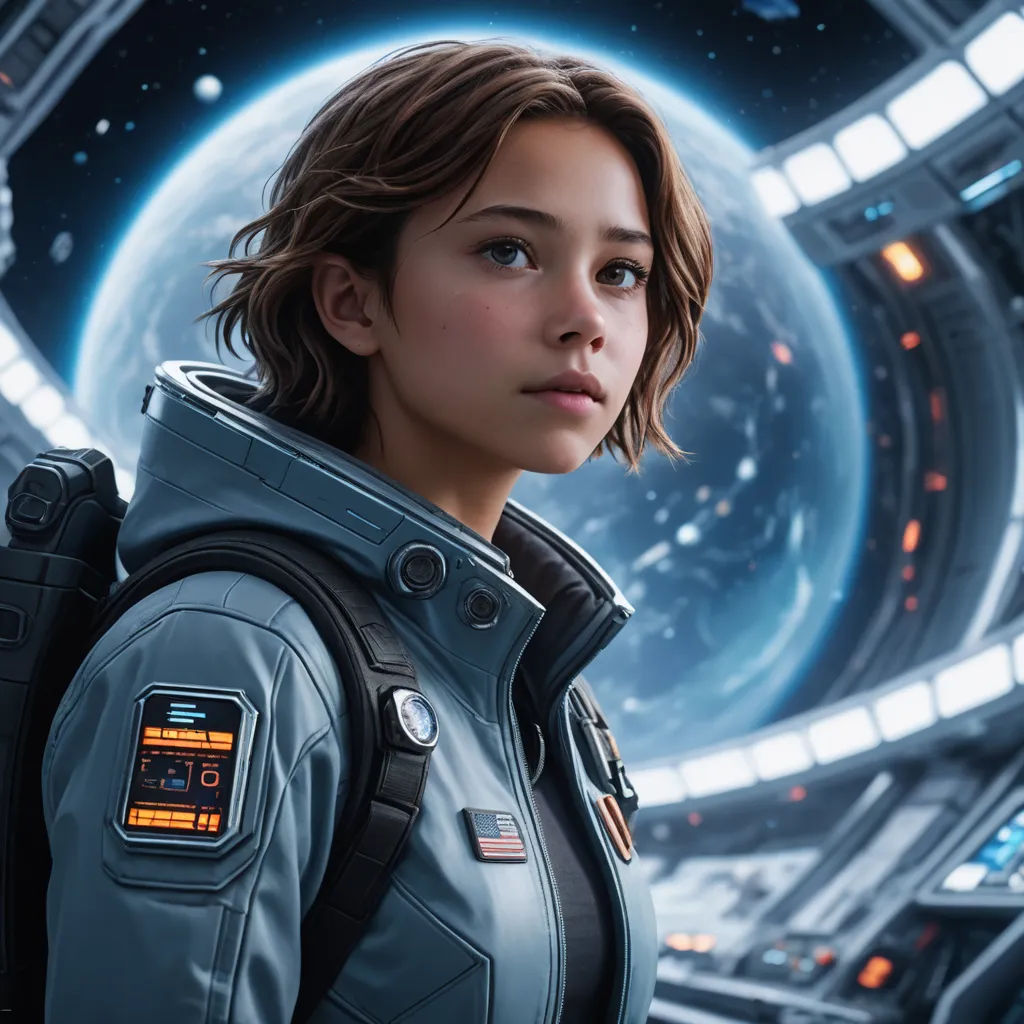 a woman in a space suit standing in front of a planet with a spaceship in the background and a star trek logo on the back, space art, computer graphics, Eddie Mendoza, cgstudio