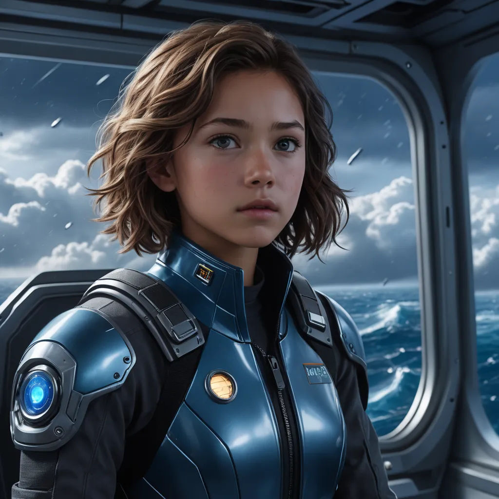 a woman in a blue suit standing in front of a window with a cloudy sky behind her and a ship in the background, space art, a character portrait, Cliff Childs, cgstudio