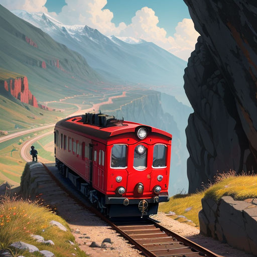 a red train traveling down train tracks next to a mountain side covered in grass and trees and a person standing on the side of the train