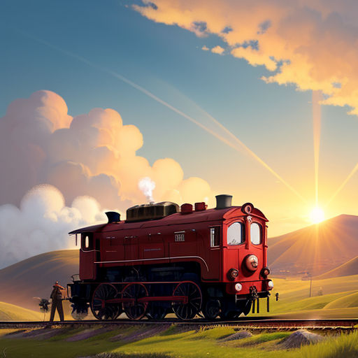 a painting of a train on a train track with a man standing next to it and the sun in the background