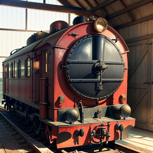 a red train is parked in a train station with a light on it's side and a person standing next to it