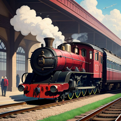 a painting of a train pulling into a train station with people walking on the platform and a train on the tracks