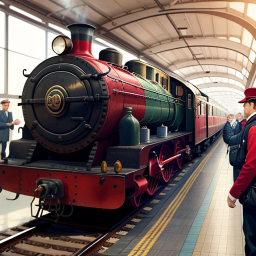 a man in a red hat is standing next to a train at a station with people standing around it
