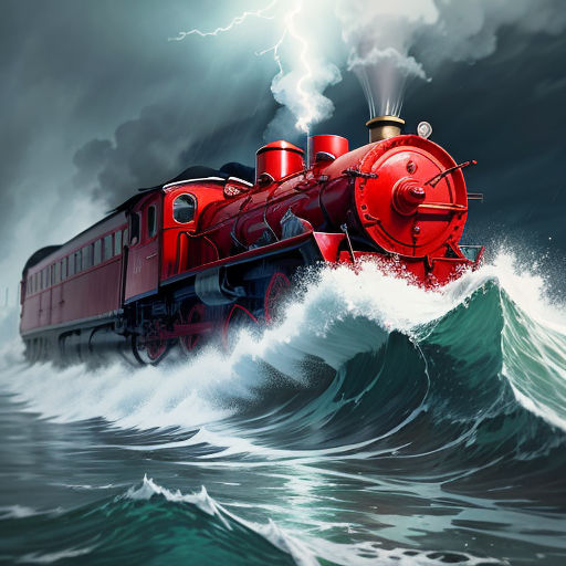 a red train is riding through the waves in the ocean with a lightning bolt in the background and a dark sky