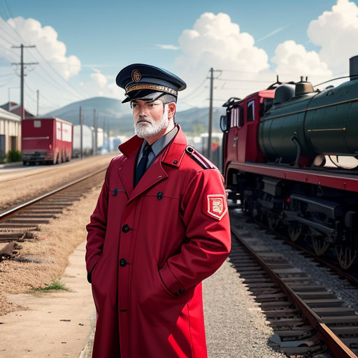 a man in a red coat standing next to a train on tracks with a train on the track behind him