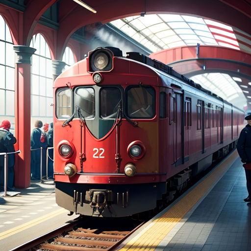 a train is pulling into a train station with people waiting on the platform to board it and a man in a hat is standing next to the train
