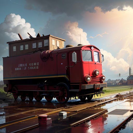 a red train car sitting on the tracks in the rain with a sky background and clouds above it and a red box car