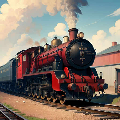 a train is traveling down the tracks near a building and a barn with a red roof and a red and black train