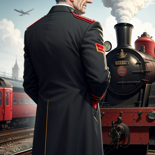 a man in uniform standing next to a train engine and a train engine with a train on it's track